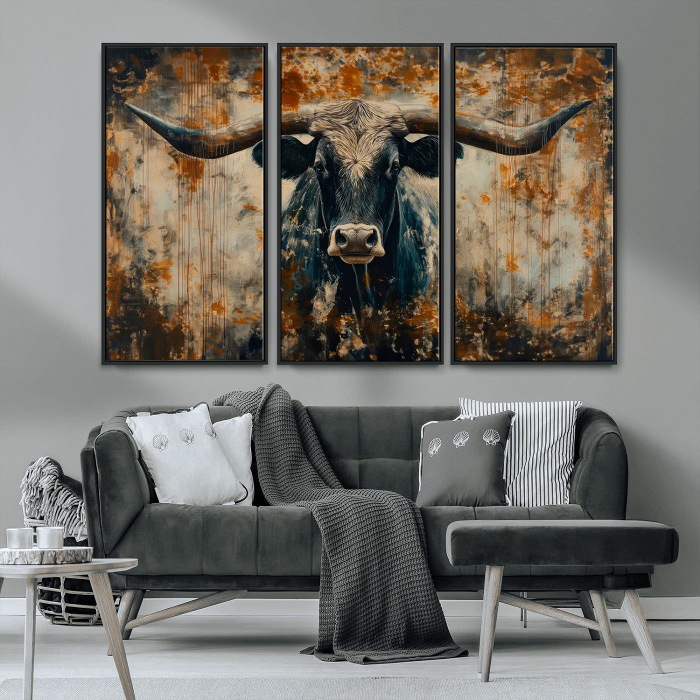 85913-MGV-FC-48X32-3P_Black-Longhorn Wall Art – Rustic Western Bull Canvas Print, Modern Farmhouse Animal Decor for Living Room, Office, or Ranch House