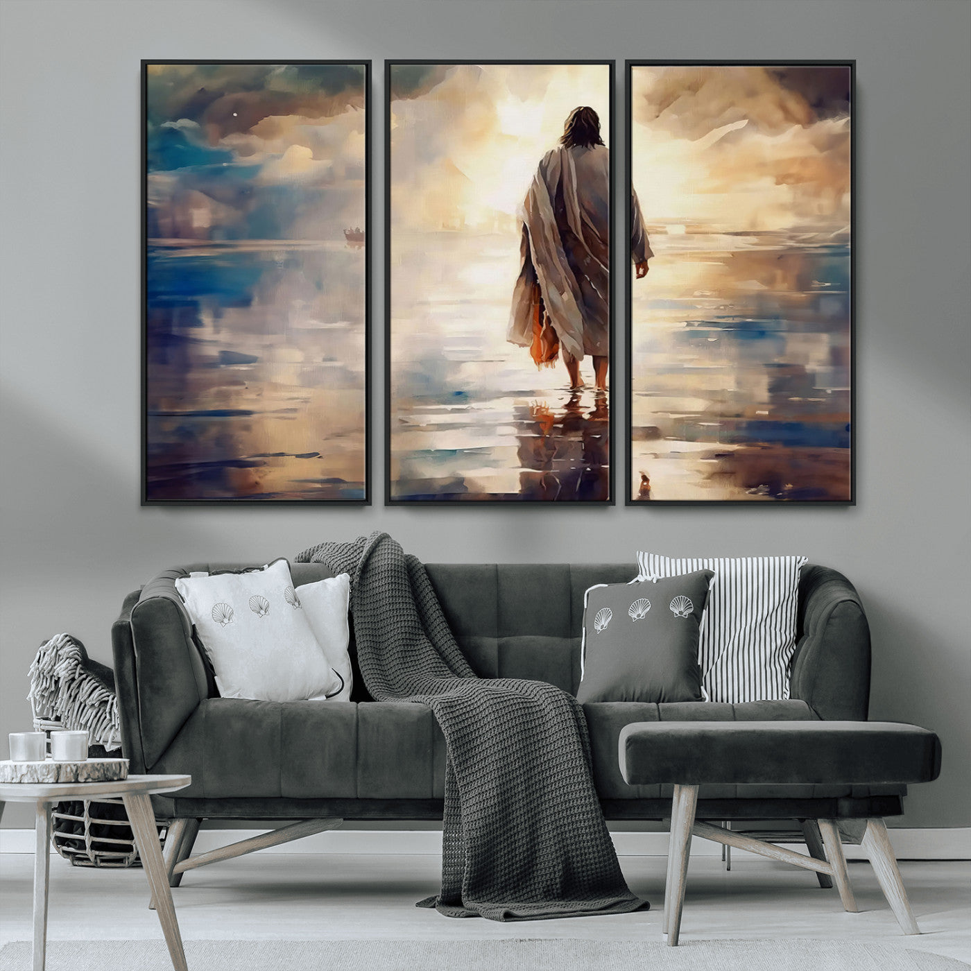 29769-MGV-FC-48X32-3P_Black-Jesus Walking on Water Wall Art | Ready to Hang Spiritual Triptych Canvas Print | Inspirational