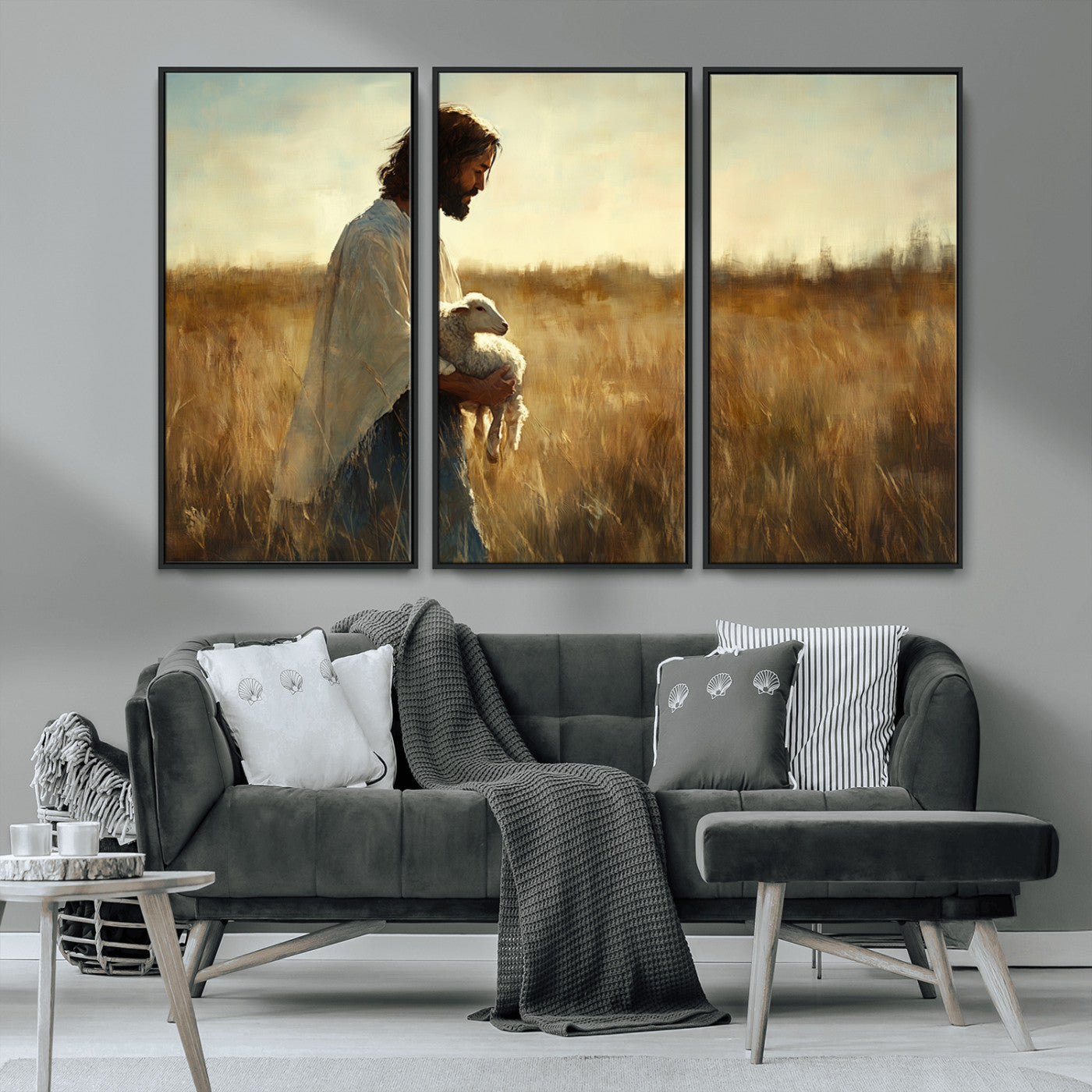 53873-MGV-FC-48X32-3P_Black-Jesus the Good Shepherd Wall Art Canvas Print - Inspirational Christian Religious Print for Prayer