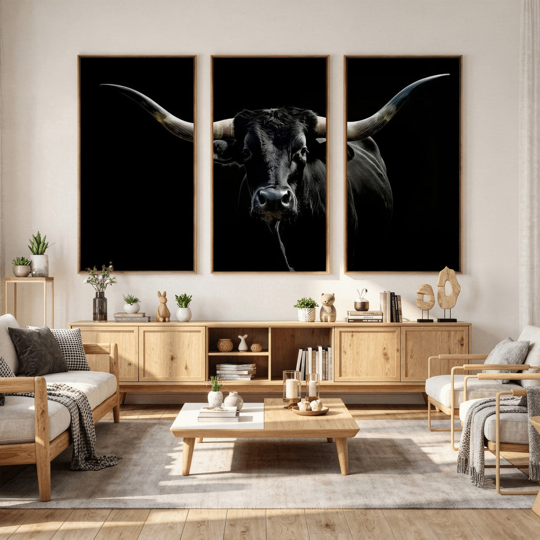 Texas Black Longhorn Bull Wall Art Canvas Print, Western Cattle Rustic Decor