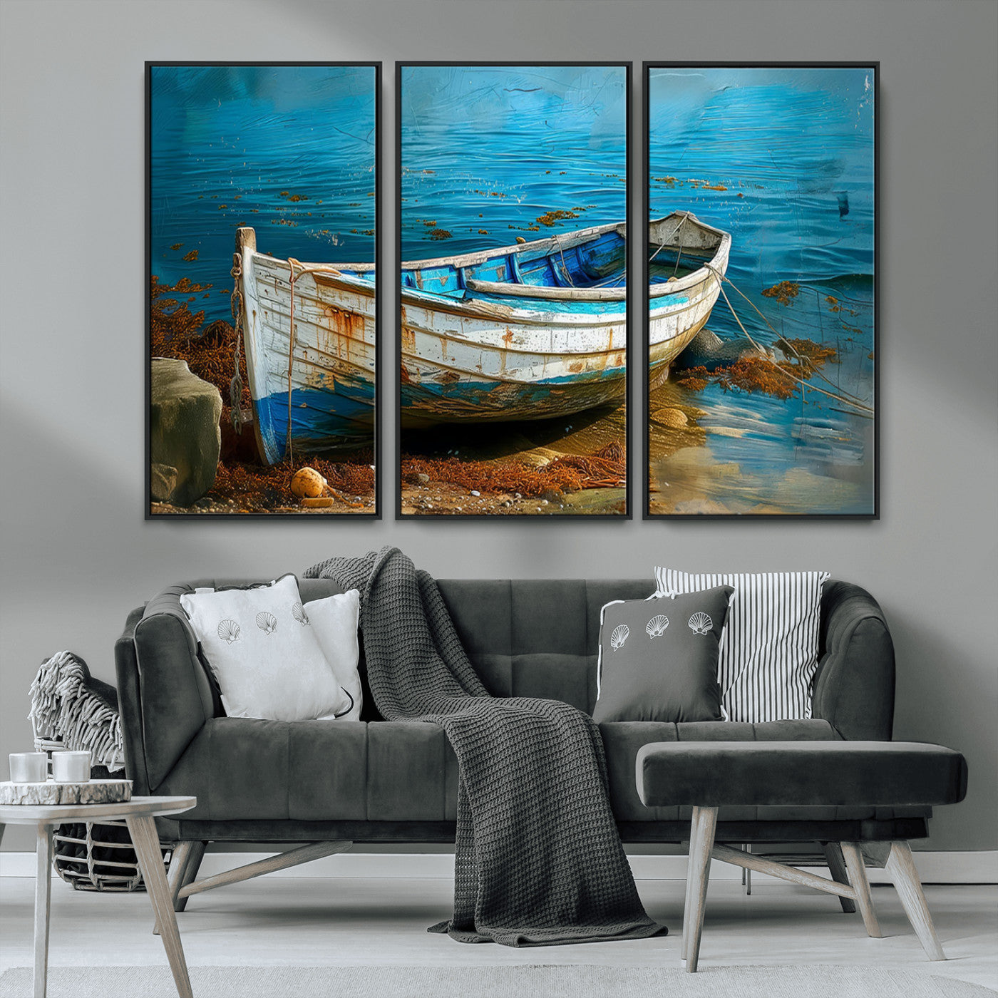 54716-MGV-CV-36X24-Vintage Boat on Tranquil Waters | Coastal Wall Art for Nautical Decor | Rustic Triptych Canvas Print