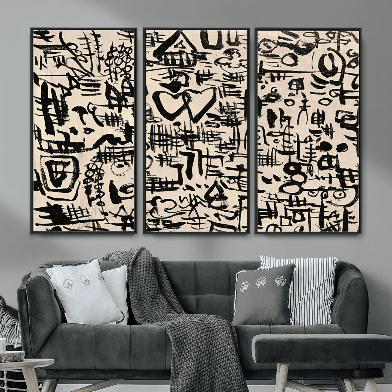 68273-MGV-FC-48X32-3P - Abstract Love and Chaos Canvas Print, Black Symbols on Beige