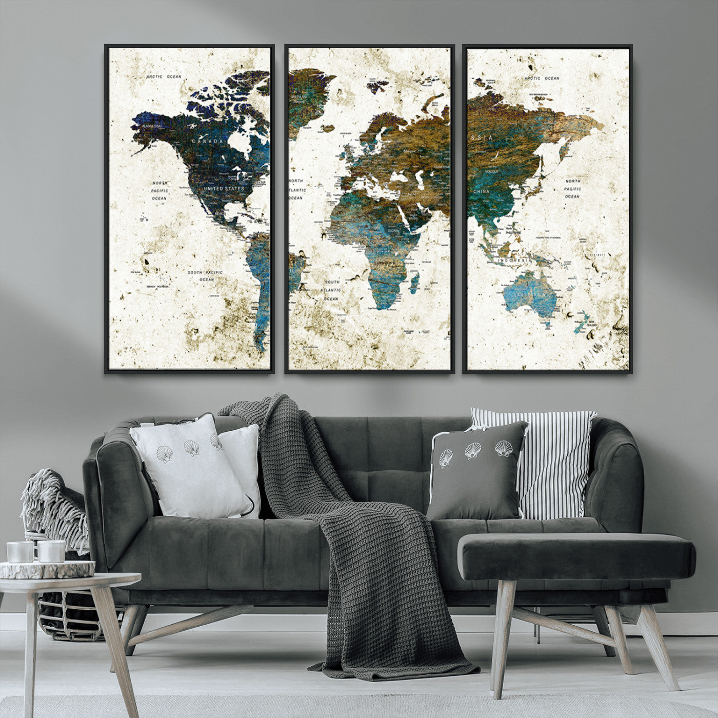 89176-MGV-CV-36X24-Vintage Blue and Brown World Map Canvas Wall Art – Framed Rustic Map Print, Earth Tone Travel Decor for Stylish Home and Office Walls