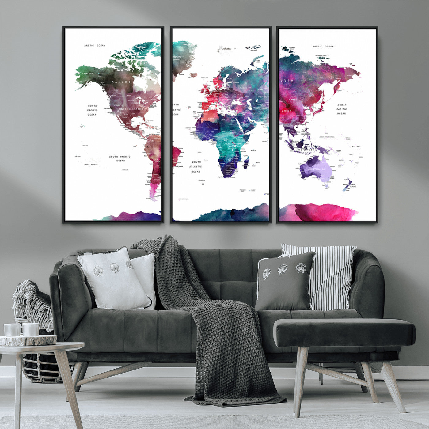 78176-MGV-CV-36X24-Colorful Watercolor World Map Canvas Wall Art – Framed Modern Map Print, Vibrant Travel Inspired Artwork for Home and Office Decor