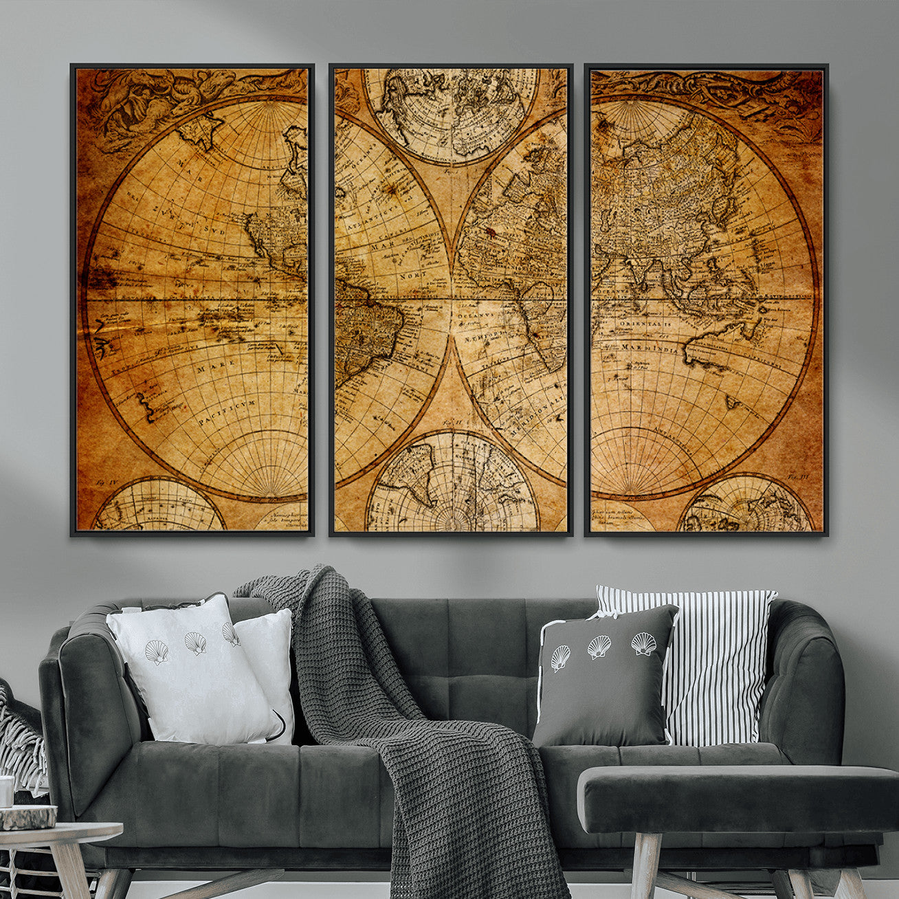 25517-MGV-FC-48X32-3P - Vintage World Map Canvas Print – Antique Push Pin Travel Map, Framed Wall Art for Home or Office Decor