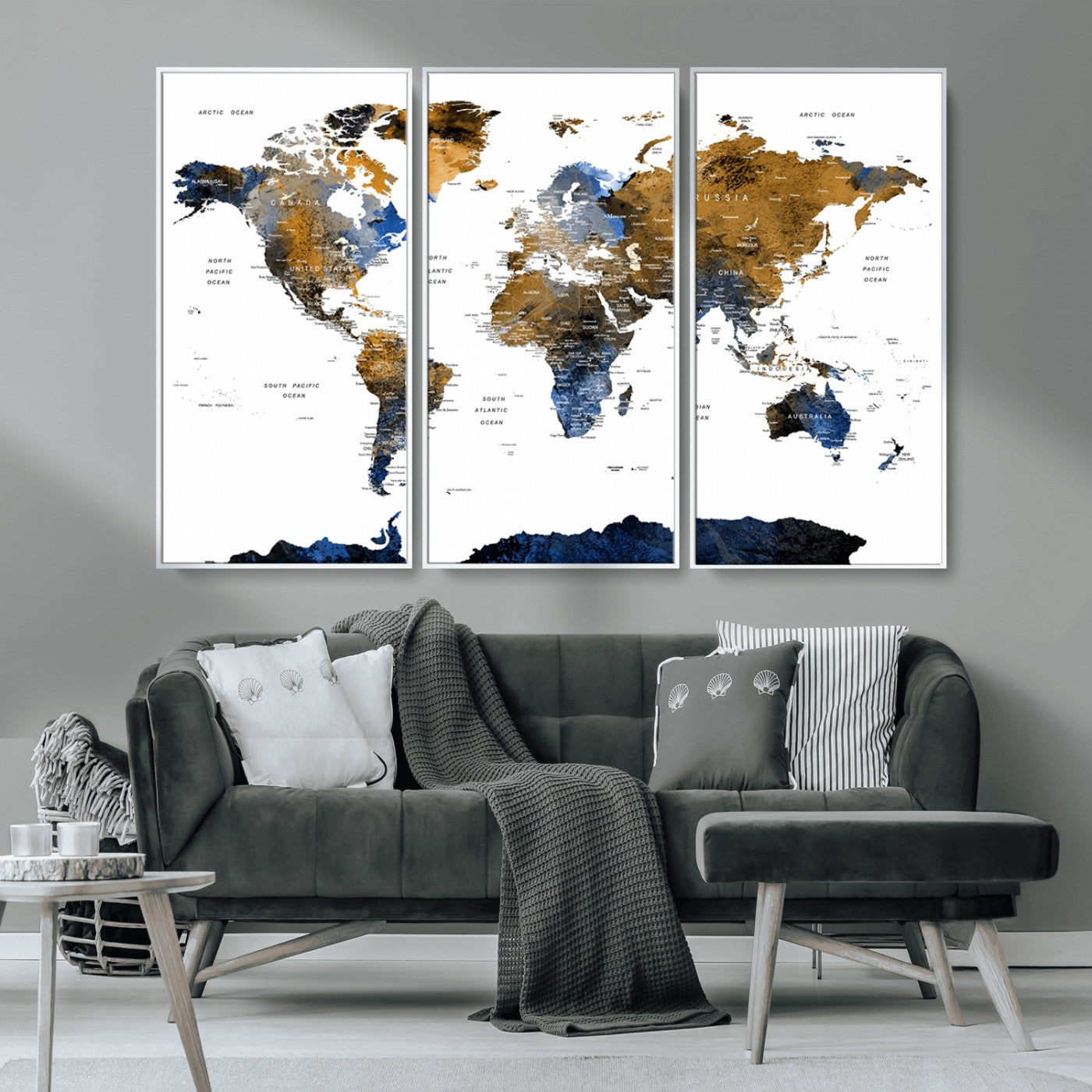 56231-MGV-CV-36X24-Navy and Gold World Map Canvas Wall Art – Framed Modern World Map Print, Elegant Travel Inspired Artwork for Home and Office Decor