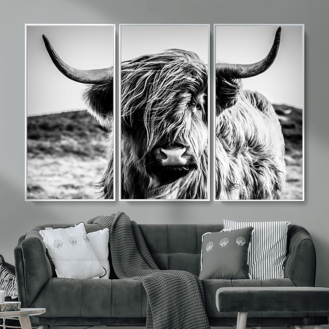 54309-MGV-CV-36X24 - Black and White Scottish Cow Canvas Wall Art Highland Cattle Canvas Print Framed Ready to Hang Original Cotton Canvas High Quality Image Multi Panel Wall Art Printable Artwork for Walls