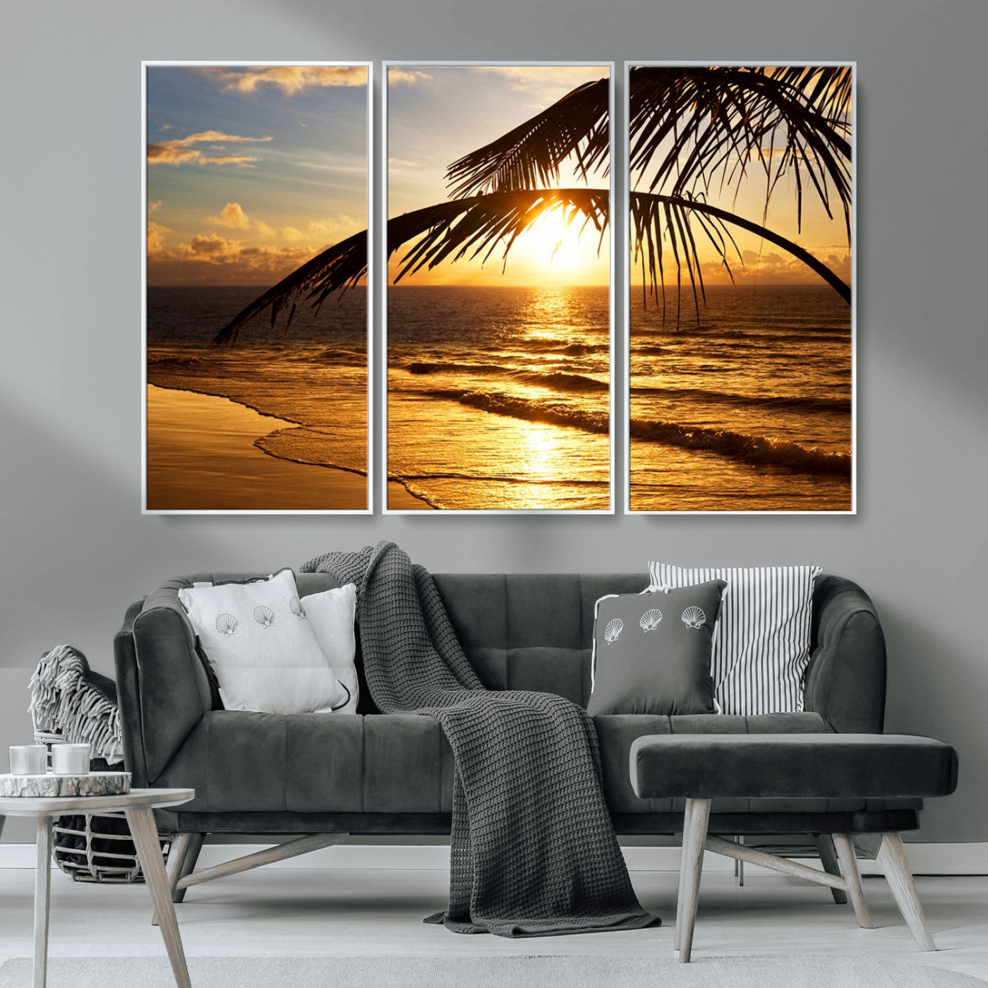 -Golden Tropical Beach Sunset Canvas Triptych, Coastal Palm Tree Wall Art, Ocean Shoreline Giclee