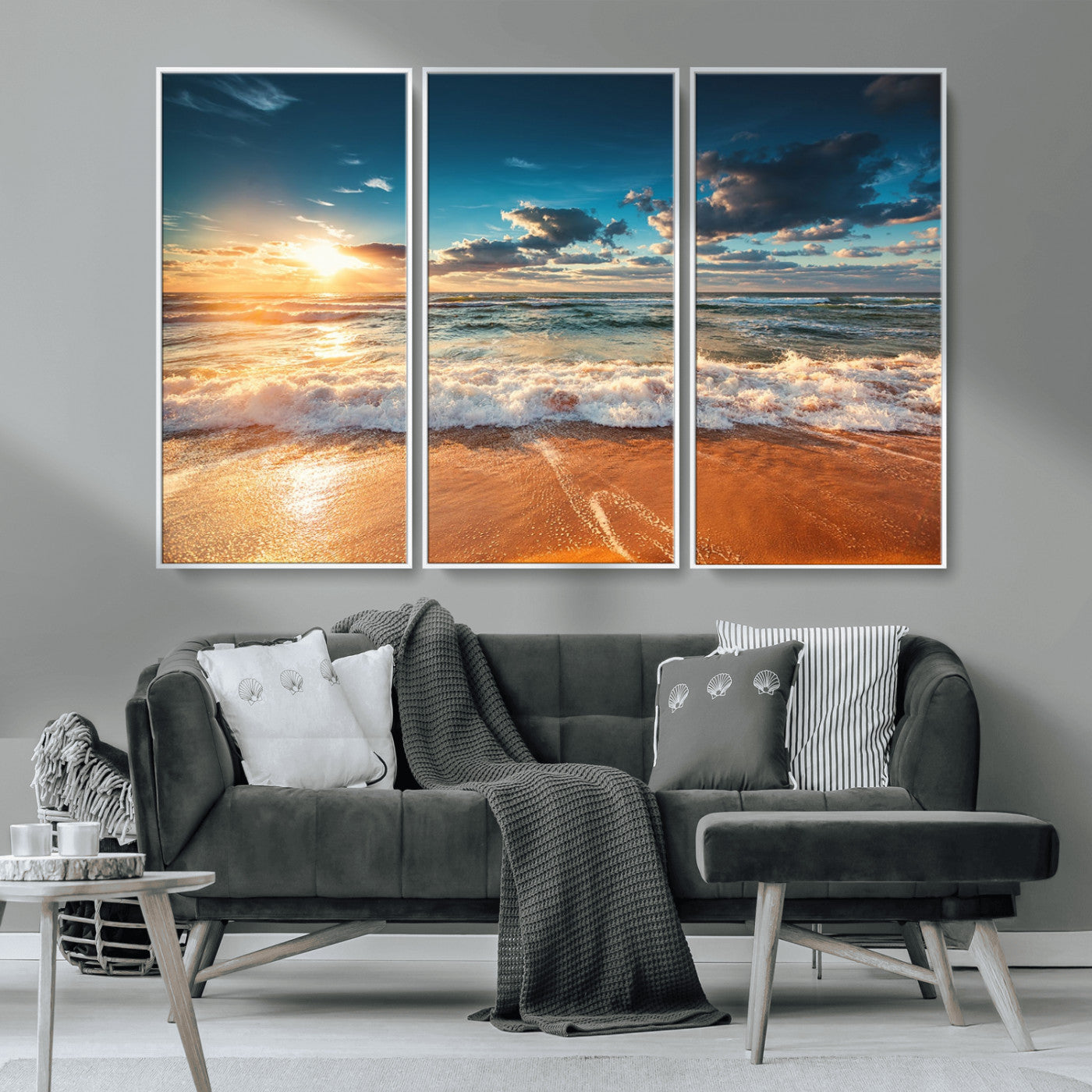 -Golden Sunset Beach Triptych Canvas Art, Giclee Coastal Wall Decor, Ocean Waves Print, Modern Beach