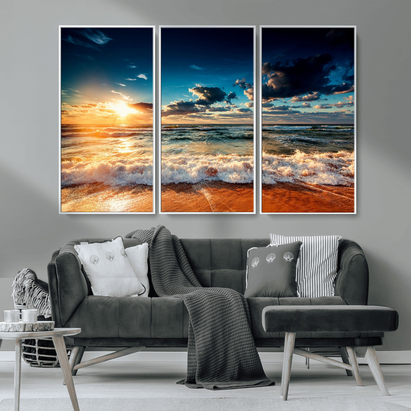 -Golden Hour Sunset Over Ocean Waves Wall Art Canvas Print | 3 Panel Coastal Landscape Canvas Wall