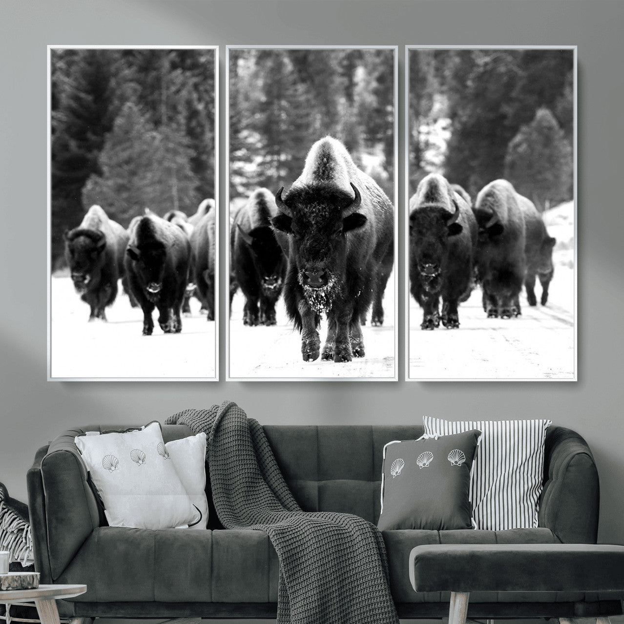 62434-MGV-CV-36X24 - Bison Herd in Snow Wall Art Canvas Print | Rustic Western Bison Wall Art for Decor for Living Room,