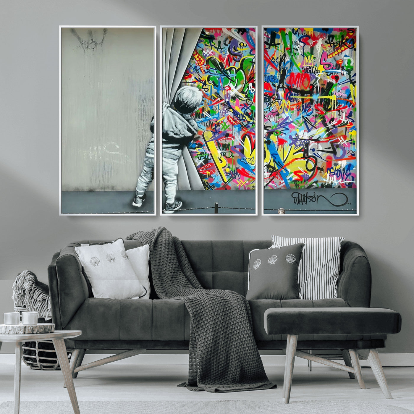 51713-MGV-CV-36X24-Banksy Colorful Street Graffiti Canvas Wall Art Print, Modern Art Triptych, Child and Graffiti Wall,