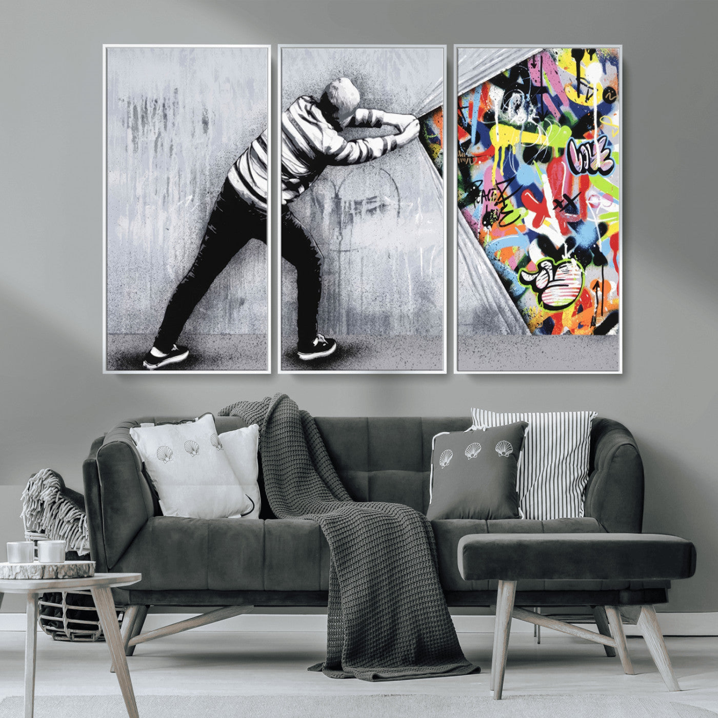 52252-MGV-CV-36X24-Banksy Art Behind the Curtain Street Wall Art Canvas Print | 3-Panel Urban Graffiti-Inspired Wall