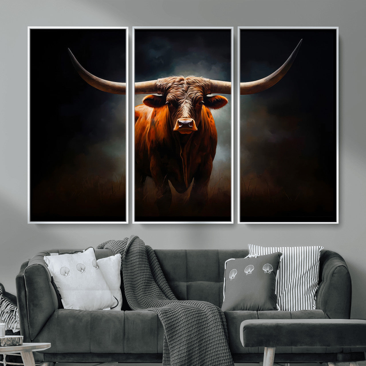 48896-MGV-CV-36X24 - Abstract Texas Longhorn Wall Art Print | 3-Panel Large Texas Longhorn Canvas Print for Living Room,