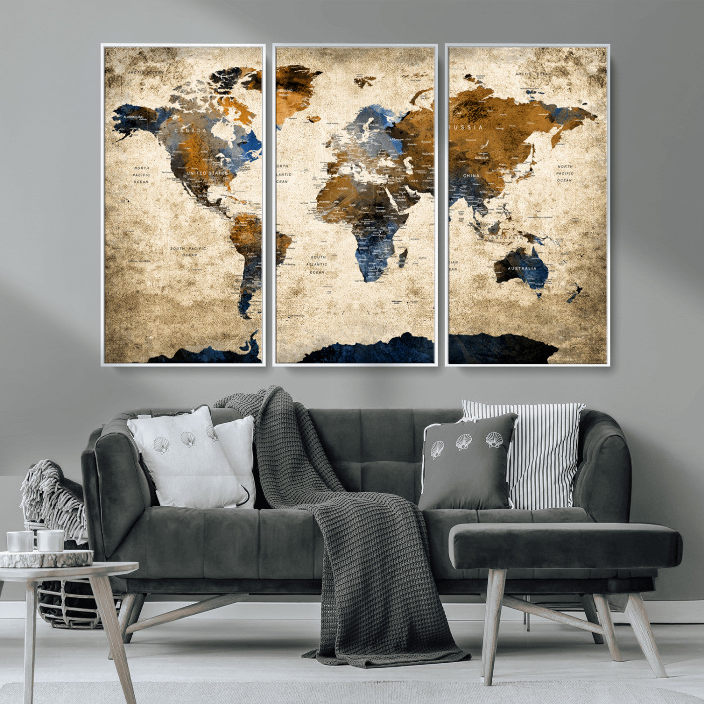 51140-MGV-CV-36X24-World Map Wall Art – Antique Style Blue and Brown Map Canvas Print, Classic Travel Wall Decor for Home Office or Study Room