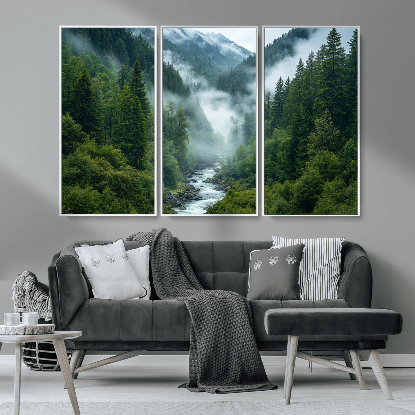 -Mountain Forest River Canvas Wall Art Print - Serene Nature Landscape for Living Room, Office, or