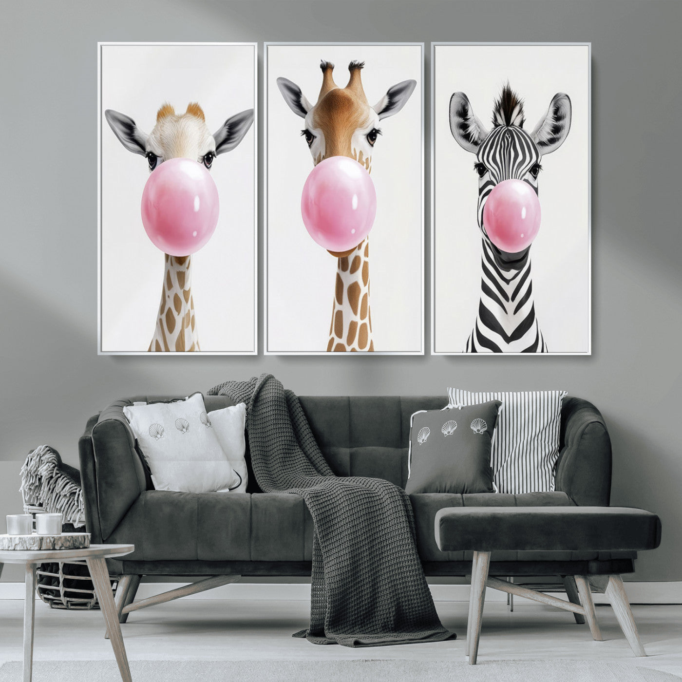 -Bubblegum Animals Canvas Wall Art - Playful Giraffe and Zebra Trio, Fun Nursery Decor for Kids'