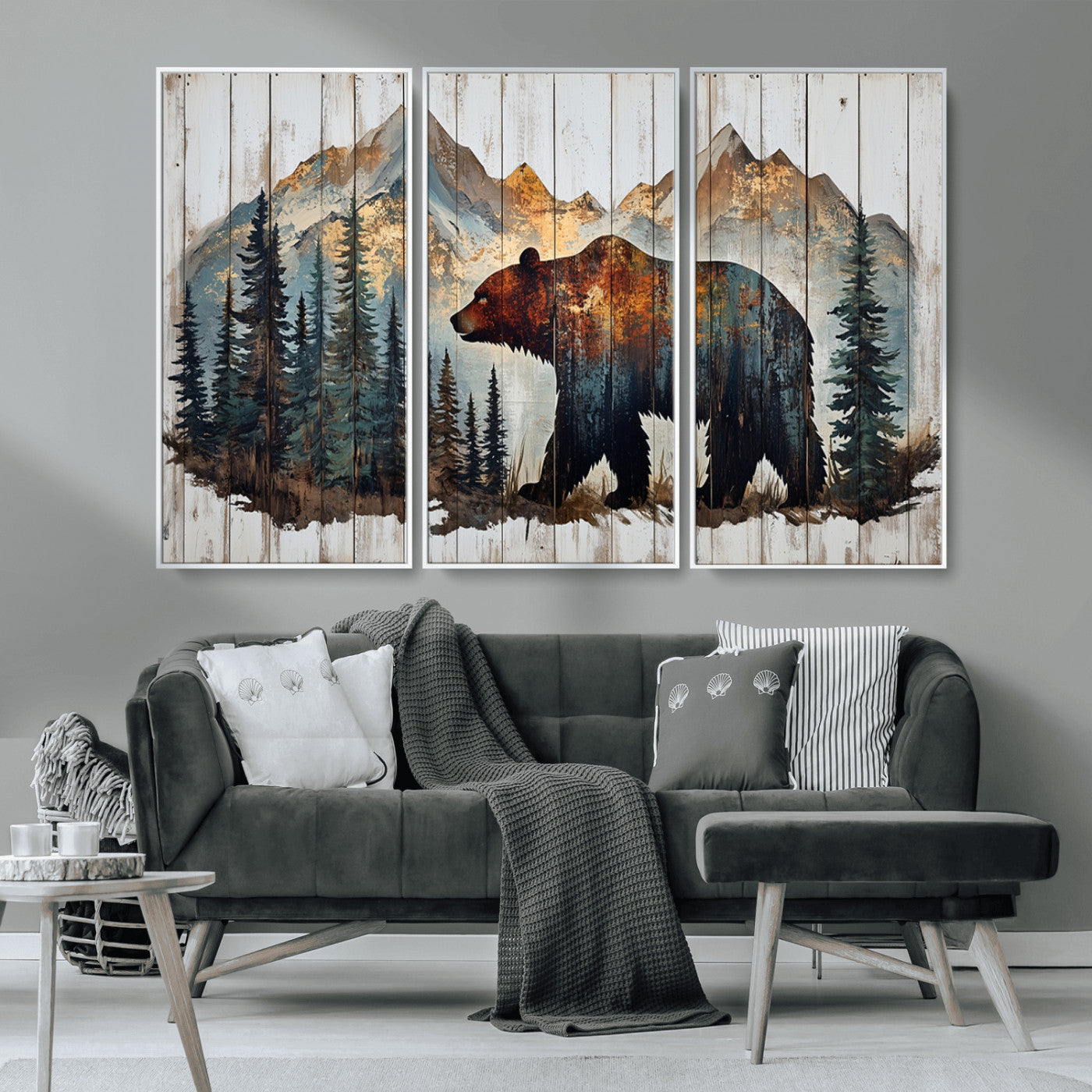55777-MGV-FC-48X32-3P_White-Rustic Grizzly 399 Bear and Mountain Wood Canvas Wall Art - Framed Nature Artwork with Forest