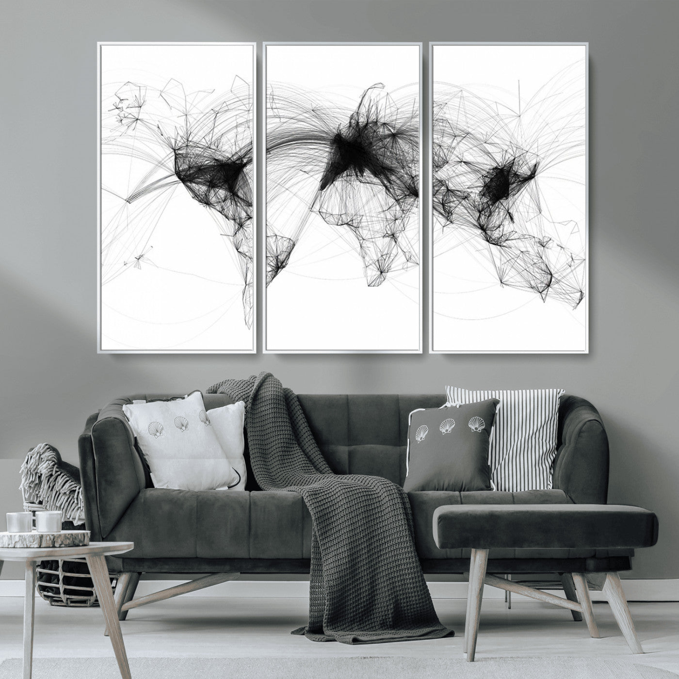 50136-MGV-CV-36X24-Abstract World Map Wall Art – Framed Geometric Line Canvas Artwork, Modern Global Design, Contemporary Decor for Home, Office