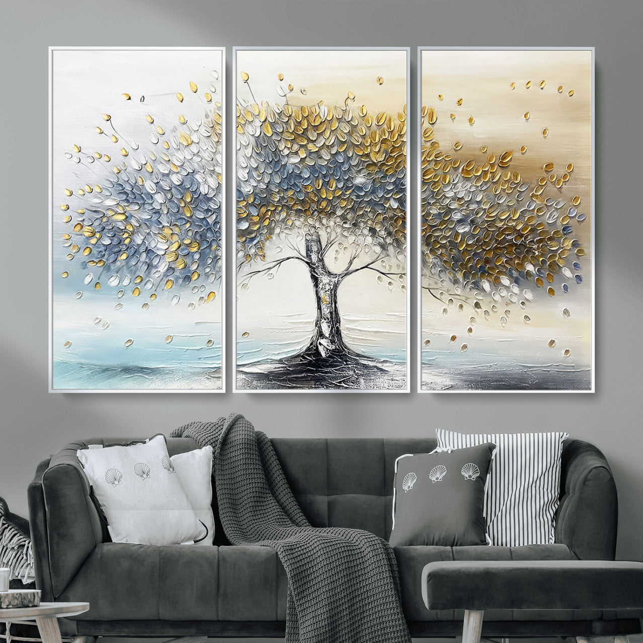 MGV-FC-48X32-3P - Golden & Silver Tree of Life Wall Art – Canvas Print with Whimsical Leaves Elegant Nature Design, Decorative Home, Office or Guest Room Decor