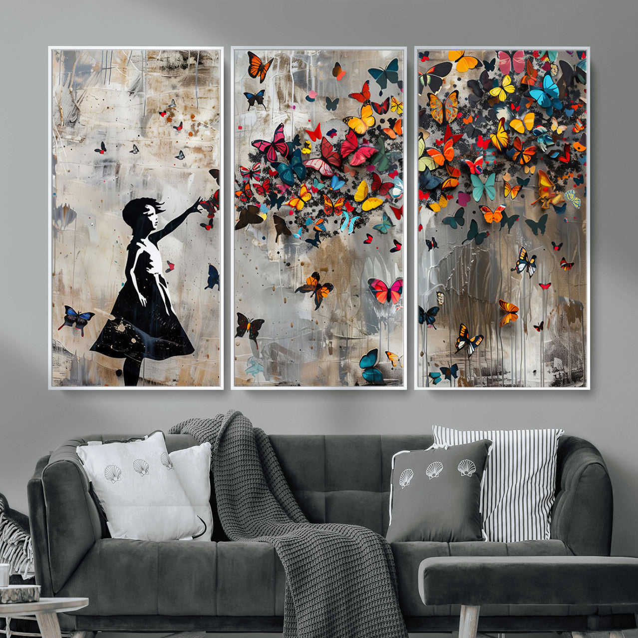 51446-MGV-CV-36X24 - Banksy Butterfly Girl Wall Art | 3-Piece Butterfly Girl Canvas