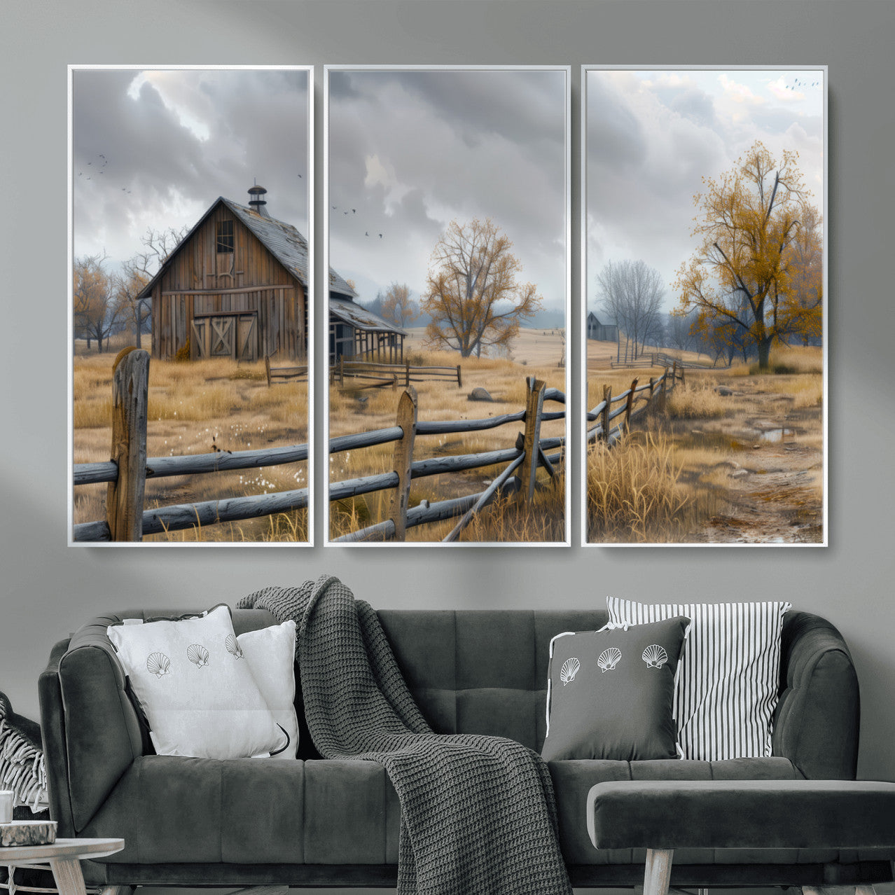 Farm1-MGV-CV-36X24 - Rustic Autumn Farmhouse Wall Art Canvas Print – Serene Countryside Scene with Weathered Barn and