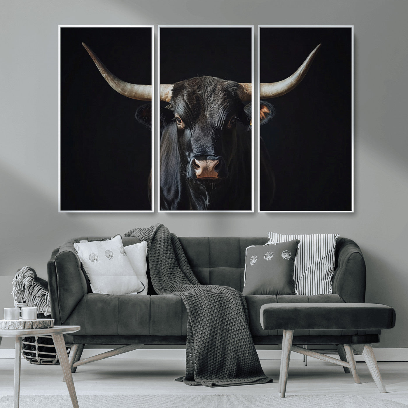 48065167-MGV-CV-36X24-Majestic Longhorn Bull Wall Art Canvas Print – Dark Background Western Ranch Portrait Artwork for Home, Office