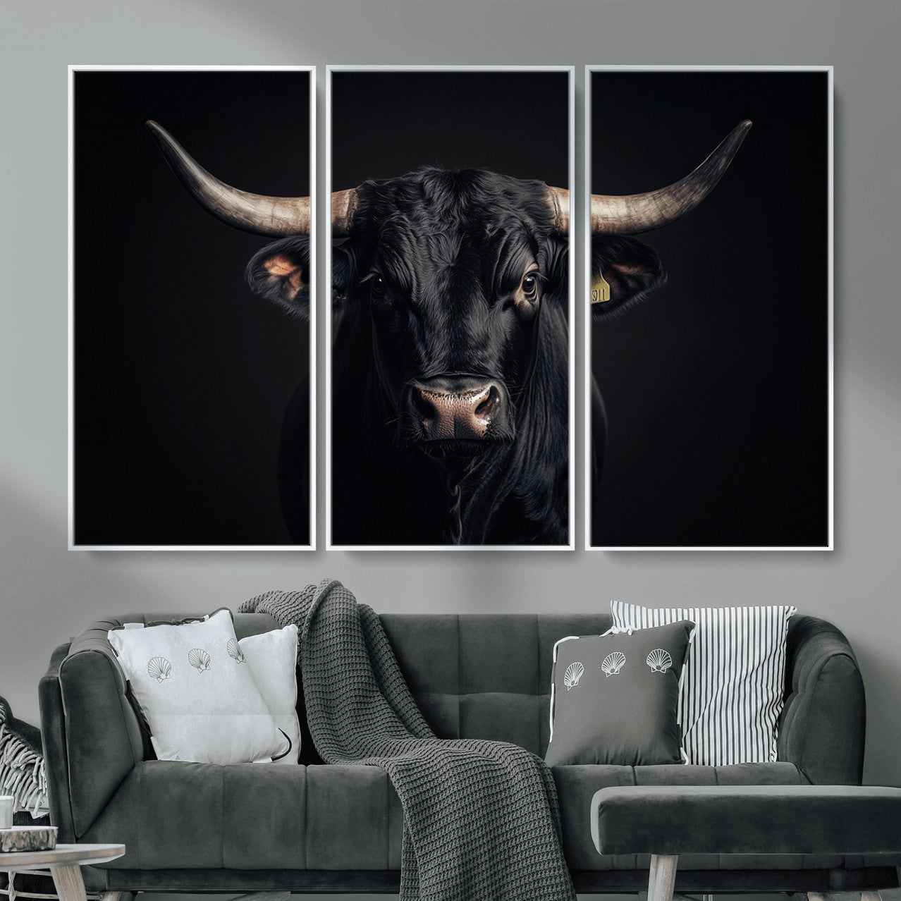 MGV-FC-48X32-3P - Black Bull Wall Art – Framed Horned Bull Canvas Artwork, Western Cattle Design, Rustic Ranch Style Decor for Home, Office