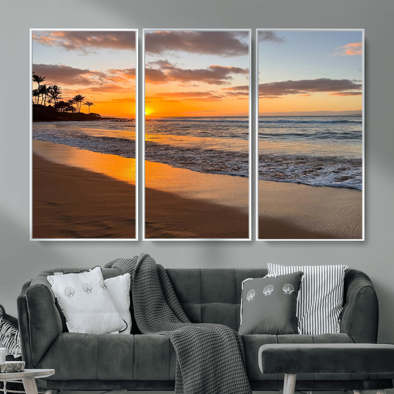 MGV-FC-48X32-3P - Sunset Glow Wall Art – Canvas Print of Ocean Breeze, Golden Sand, Tropical Palm Silhouettes, Tranquil Waves, Beach Nature Decor for Home