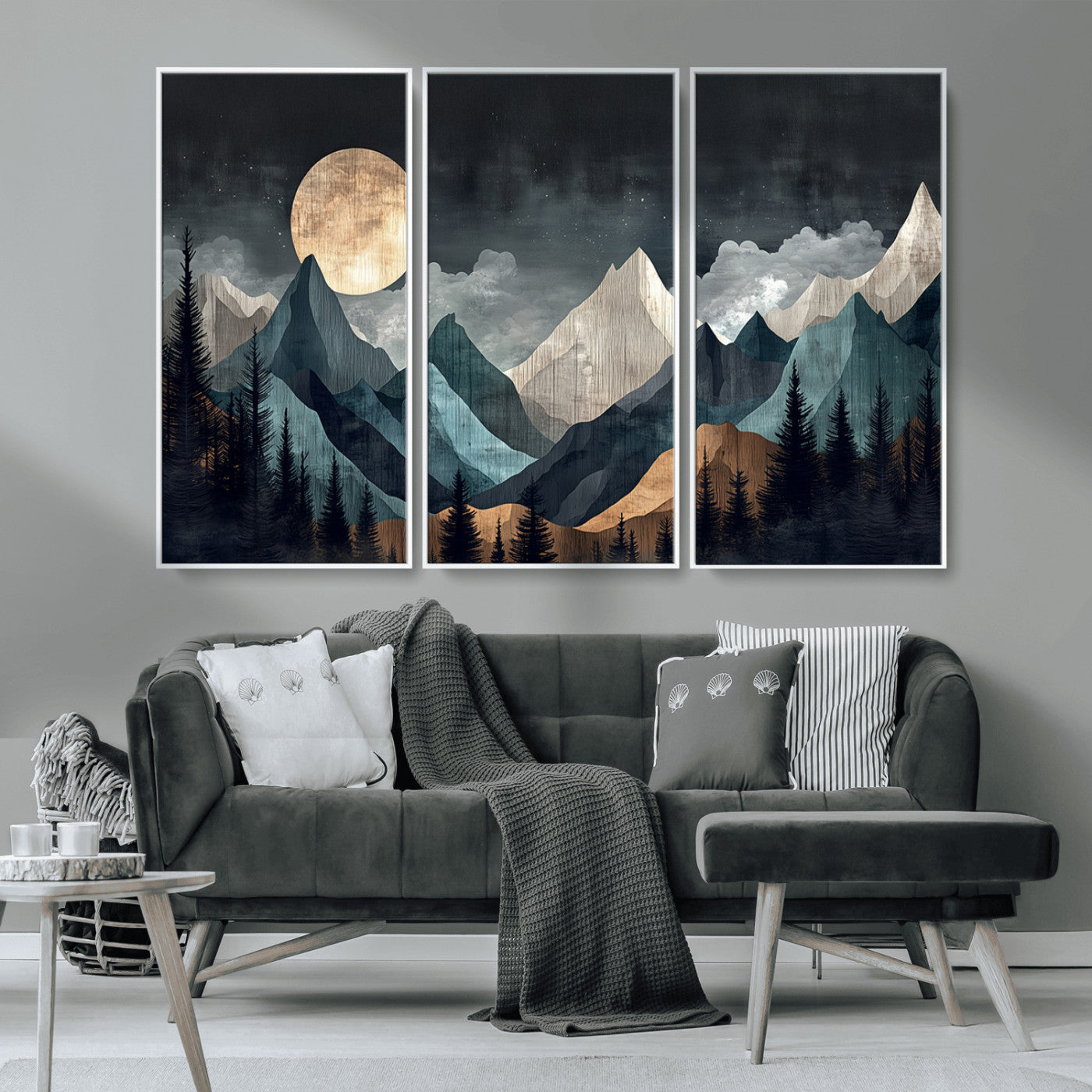 11060882-MGV-CV-36X24-Moonlit Mountain Wall Art Canvas Print – Silhouetted Pines Layered Peaks Tranquil Sky Mist Silver Light Nature Artwork for Home