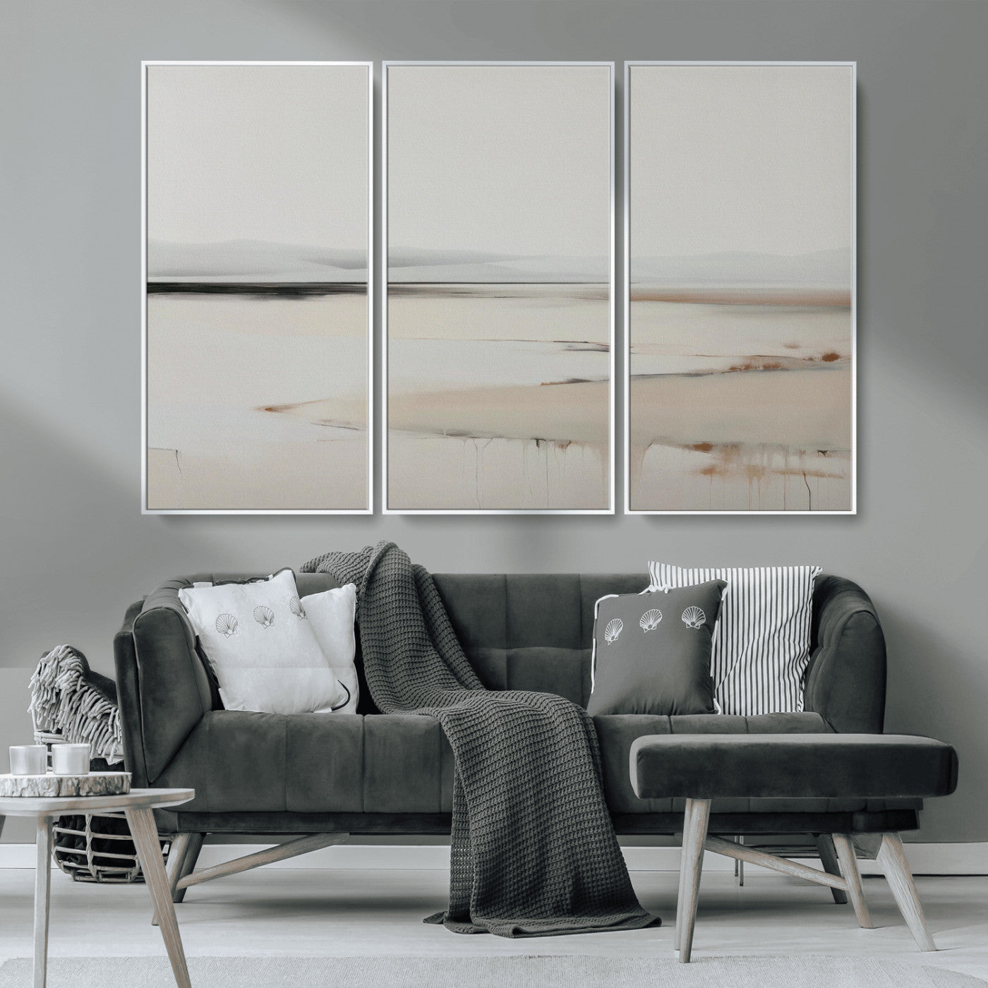 89410095-MGV-CV-36X24-Minimalist Landscape Wall Art Canvas Print – Framed Soft Horizon Abstract Seascape Earthy Tones Artwork for Home Office