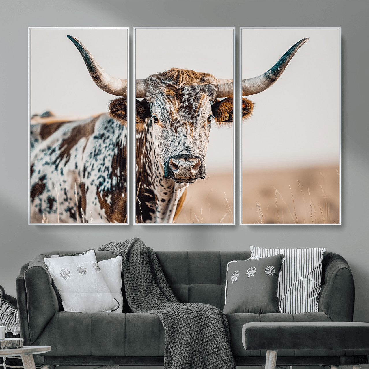 70414966-MGV-FC-48X32-3P - Majestic Longhorn Wall Art – Canvas Print of Strong Stance Intricate Fur & Sharp Horns Rustic Elegance & Timeless Wild Beauty Decor for Living Room, Office or Bedroom