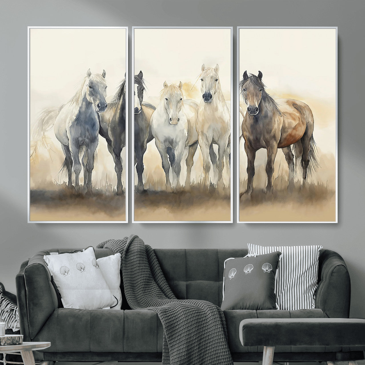MGV-FC-48X32-3P - Wild Horses Wall Art Canvas Print, Framed Running Horses Art Picture Print, Watercolor Horses Perfect Rustic Western Decor Artwork