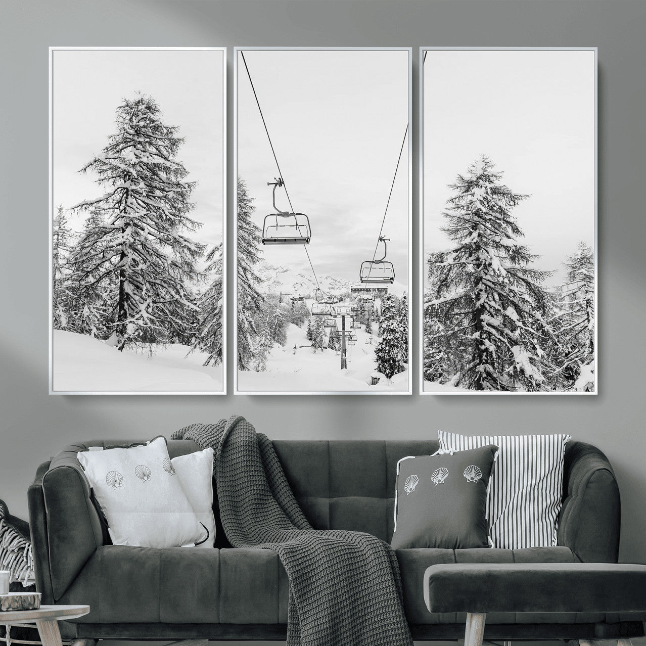 55003599-MGV-CV-36X24 - Snowy Ski Lift Wall Art – Framed Winter Forest Canvas Artwork, Peaceful Mountain Design, Modern Nature Decor for Home, Office