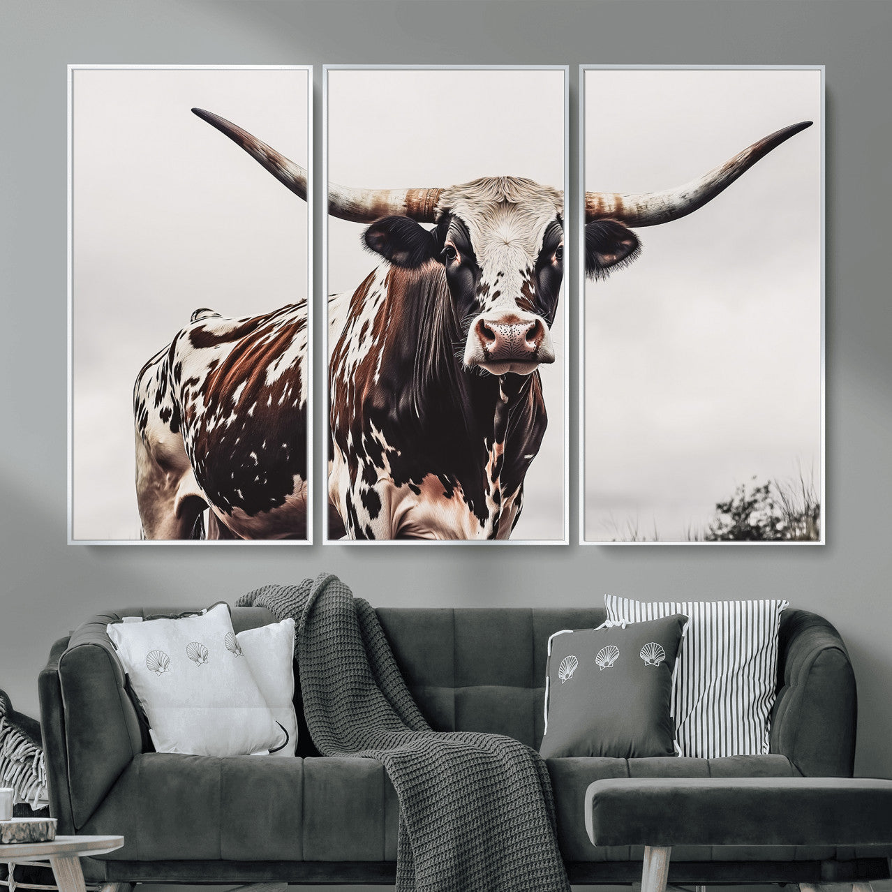 MGV-FC-48X32-3P - Texas Longhorn Wall Art Canvas Print, Framed Spotted Bull Art Picture Print, Horned Cattle Perfect Rustic Farmhouse Decor Artwork