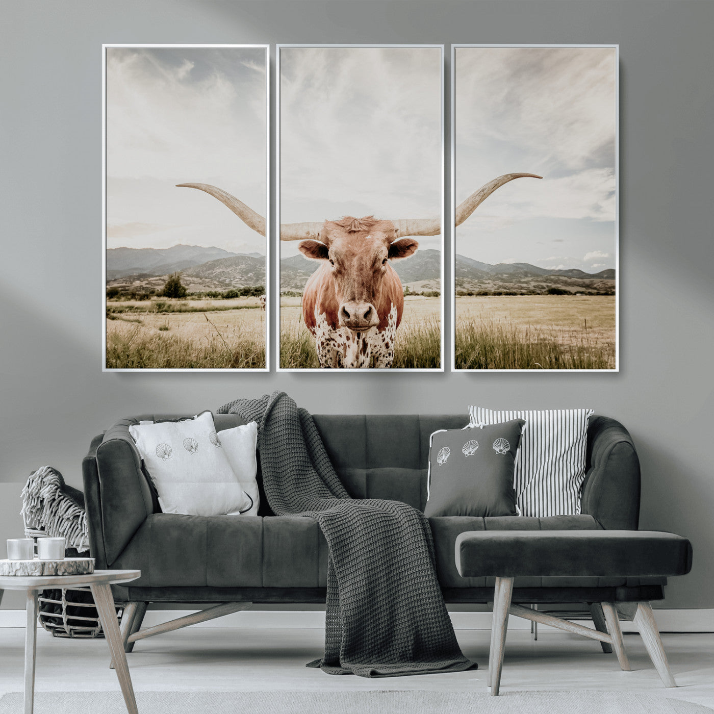 80054319-MGV-CV-36X24-Texas Longhorn Wall Art Canvas Print – Framed Western Cow Scene with Rustic Farmhouse Artwork for Home, Office