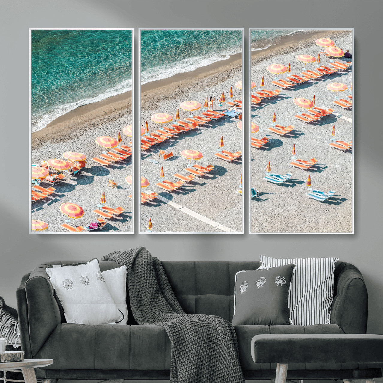 27805351-MGV-CV-36X24 - Beach Umbrellas Wall Art – Orange Loungers & Turquoise Water Canvas Print, Sandy Shore and Summer Vibes