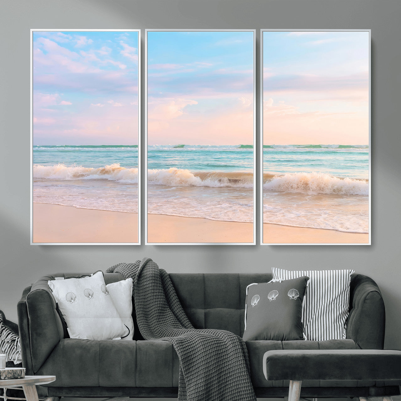 74679437-MGV-CV-36X24 - Serene Waves Wall Art – Golden Shore & Soft Pastel Sky Canvas Print, Gentle Ocean and Peaceful Sunset for Living Room or Office