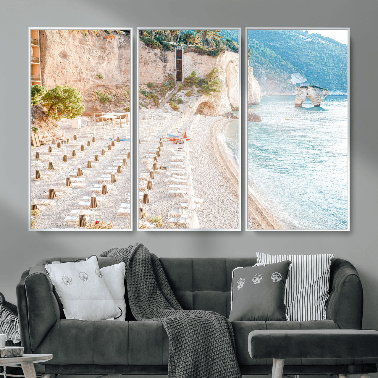 84816639-MGV-CV-36X24 - Sunny Beach Wall Art – Chairs & Umbrellas Canvas Print, Clear Water, Rocky Cliffs, Coastal Calm for Living Room or Vacation Home Decor