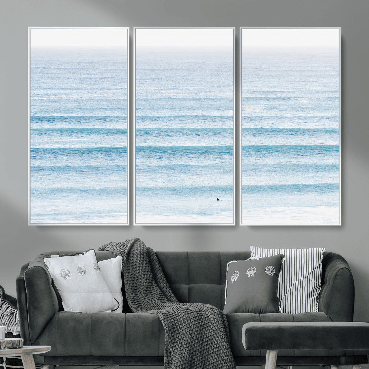 77145995-MGV-CV-36X24-Ocean Wave Surfer Wall Art – Framed Minimal Seascape Canvas Artwork, Calm Blue Water Design, Coastal Decor for Home, Office