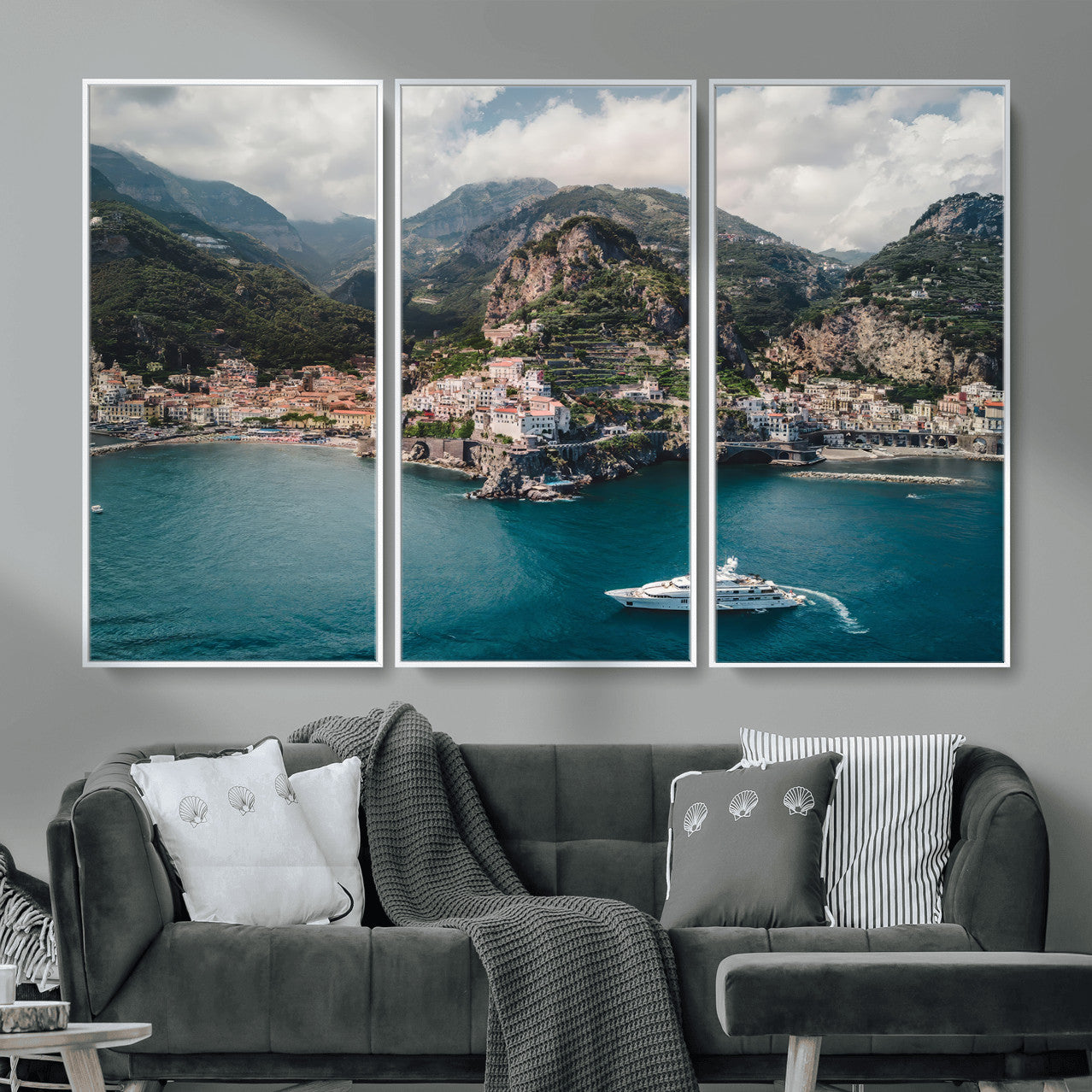 20321590-MGV-CV-36X24-Amalfi Coast Wall Art – Framed Italian Seaside Canvas Artwork, Mediterranean Landscape Design, Coastal Decor for Home, Office