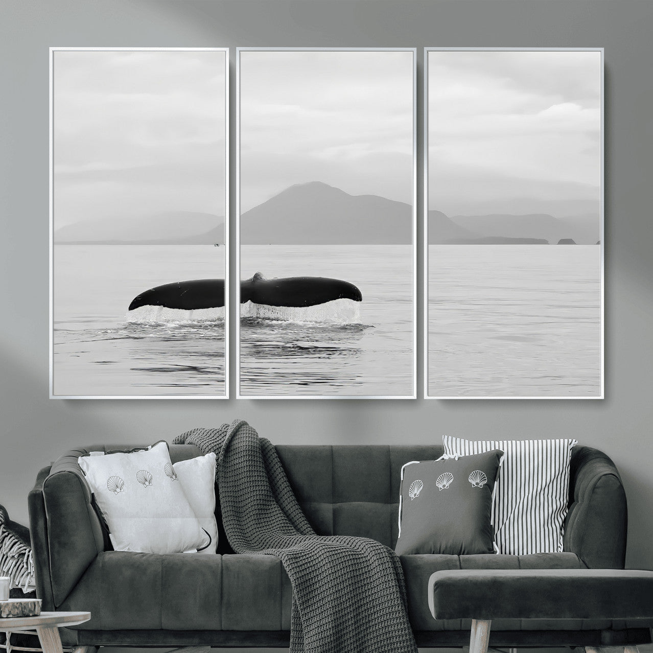 MGV-FC-48X32-3P - Whale Tail Wall Art Canvas Print, Framed Black White Ocean Art Picture Print, Calm Marine Perfect Minimalist Coastal Decor Artwork