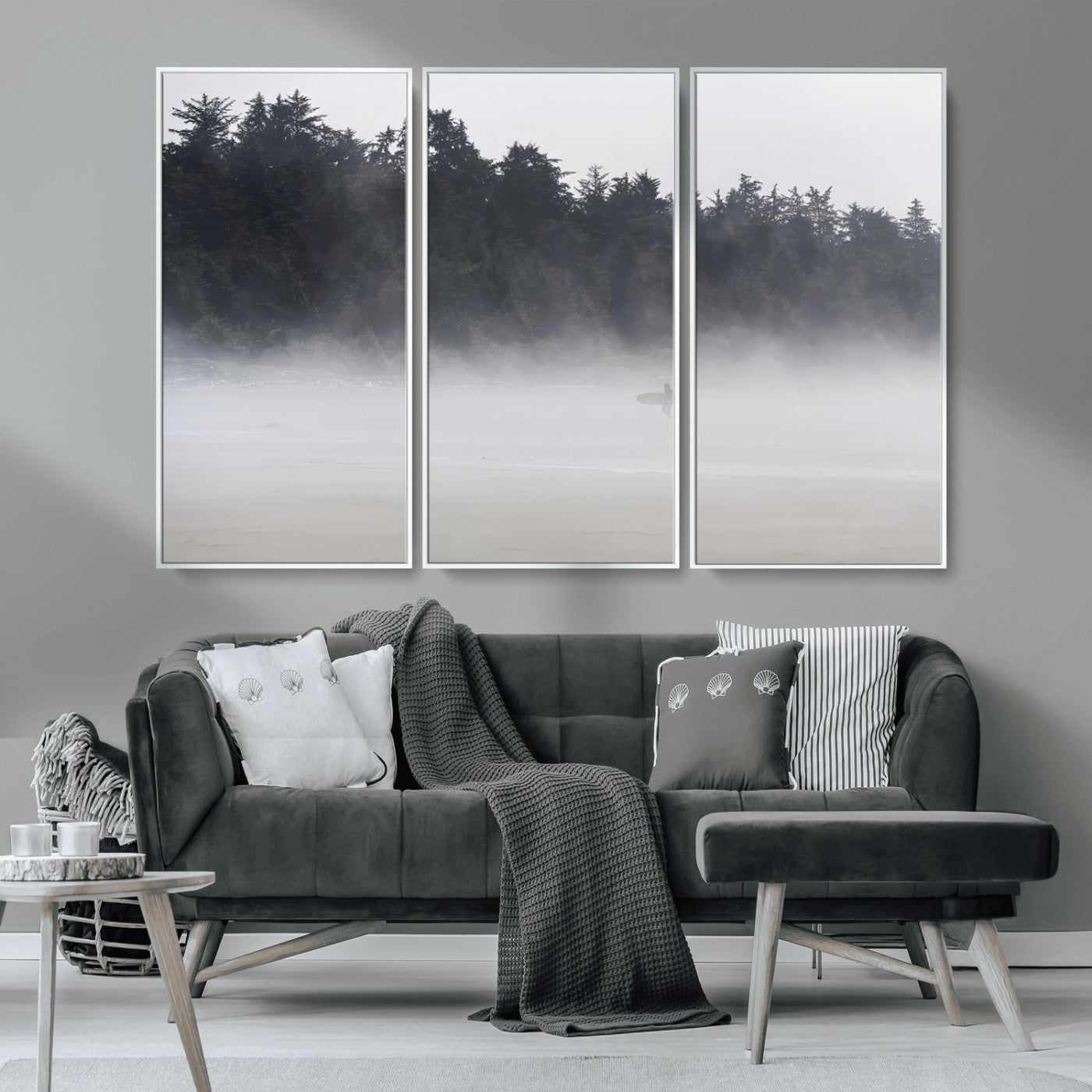 59703275-MGV-CV-36X24-Surfer Fog Wall Art Canvas Print – Framed Foggy Beach Scene with Coastal Surf Artwork for Home, Office, Living Room