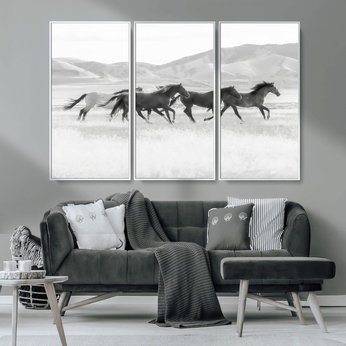 MGV-FC-48X32-3P - Wild Horses Wall Art – Black & White Canvas Print of Herd Running, Nature in Motion, Freedom & Beauty Decor for Guest Room, Office or Living Room