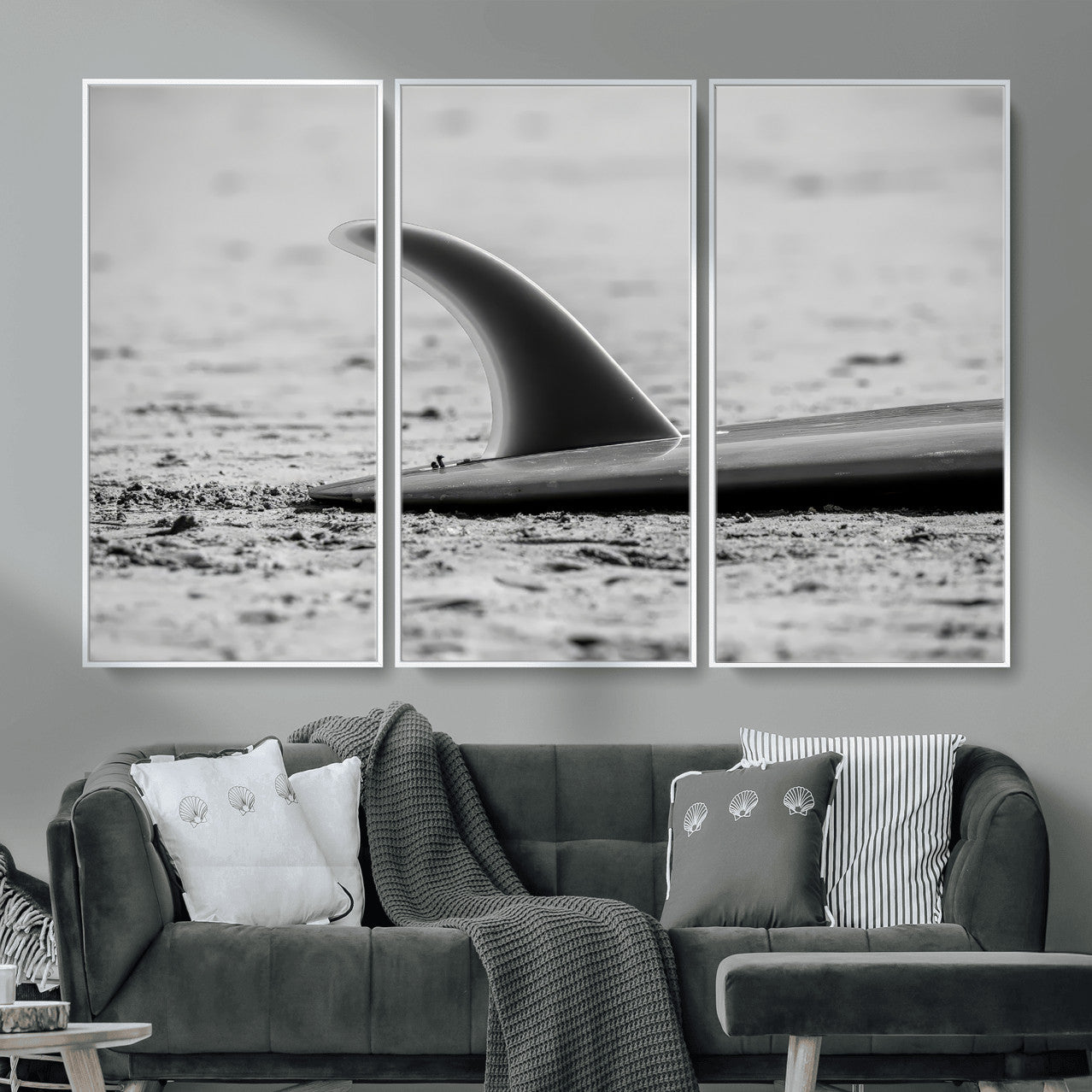 MGV-FC-48X32-3P - Black White Surfboard Wall Art Canvas Print, Framed Minimalist Beach Art Picture Print, Surf Fin Perfect Minimalist Coastal Decor Artwork