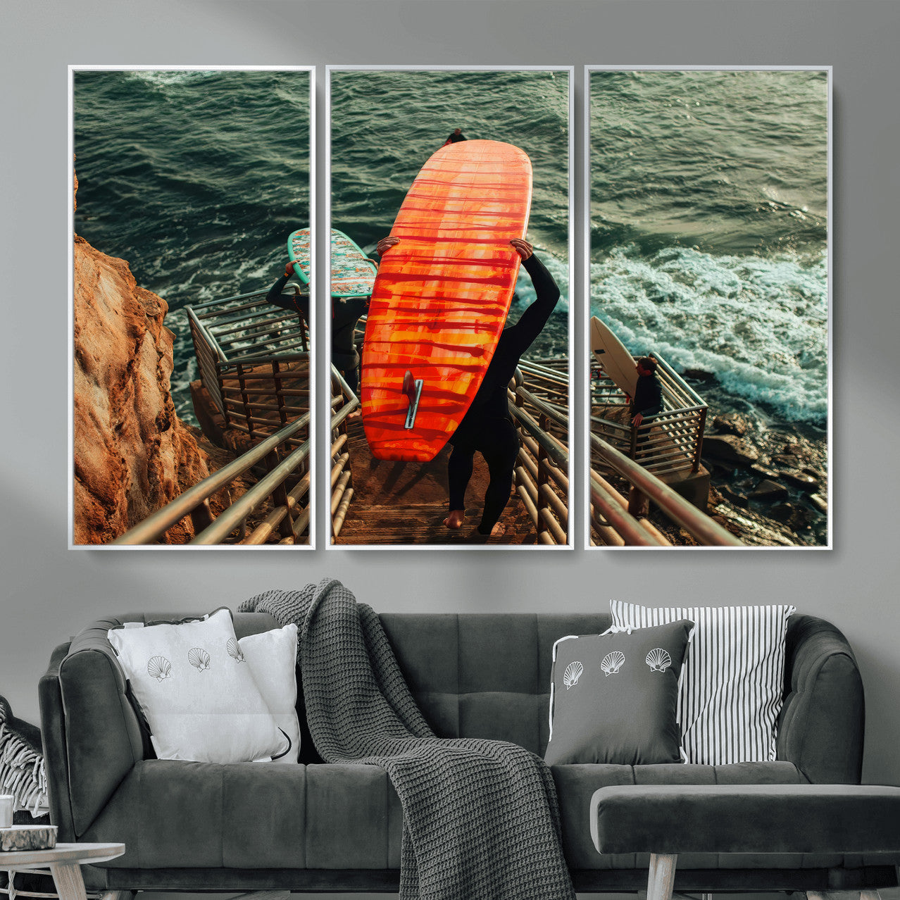 MGV-FC-48X32-3P - Surfer Stairway Wall Art Canvas Print, Framed Ocean Surf Art Picture Print, Sunset Coastal Perfect Coastal Adventure Decor Artwork