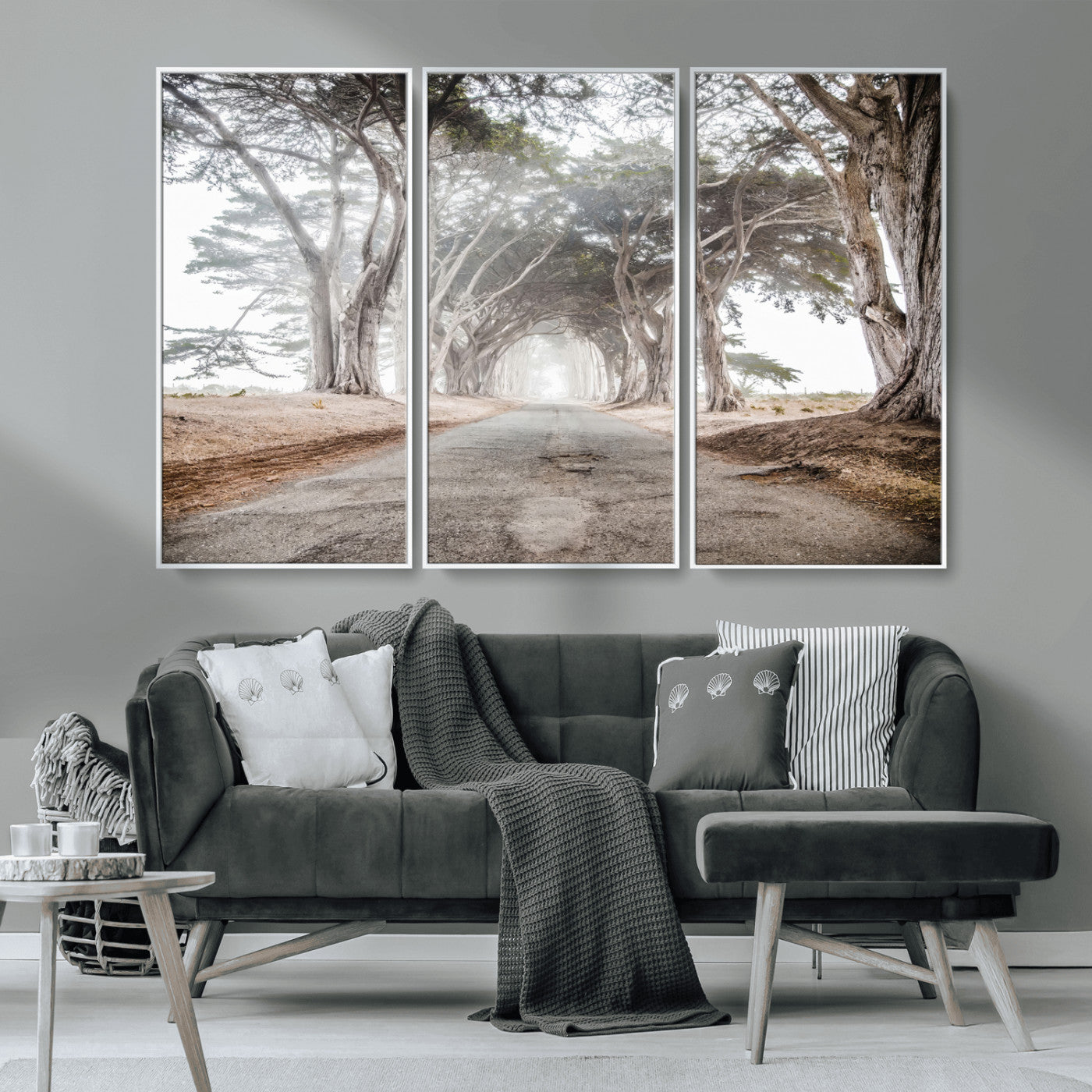 87090469-MGV-CV-36X24-Cypress Tunnel Wall Art – Framed Misty Road Canvas Artwork, Foggy Trees Design, Rustic Woodland Nature Decor for Home, Office