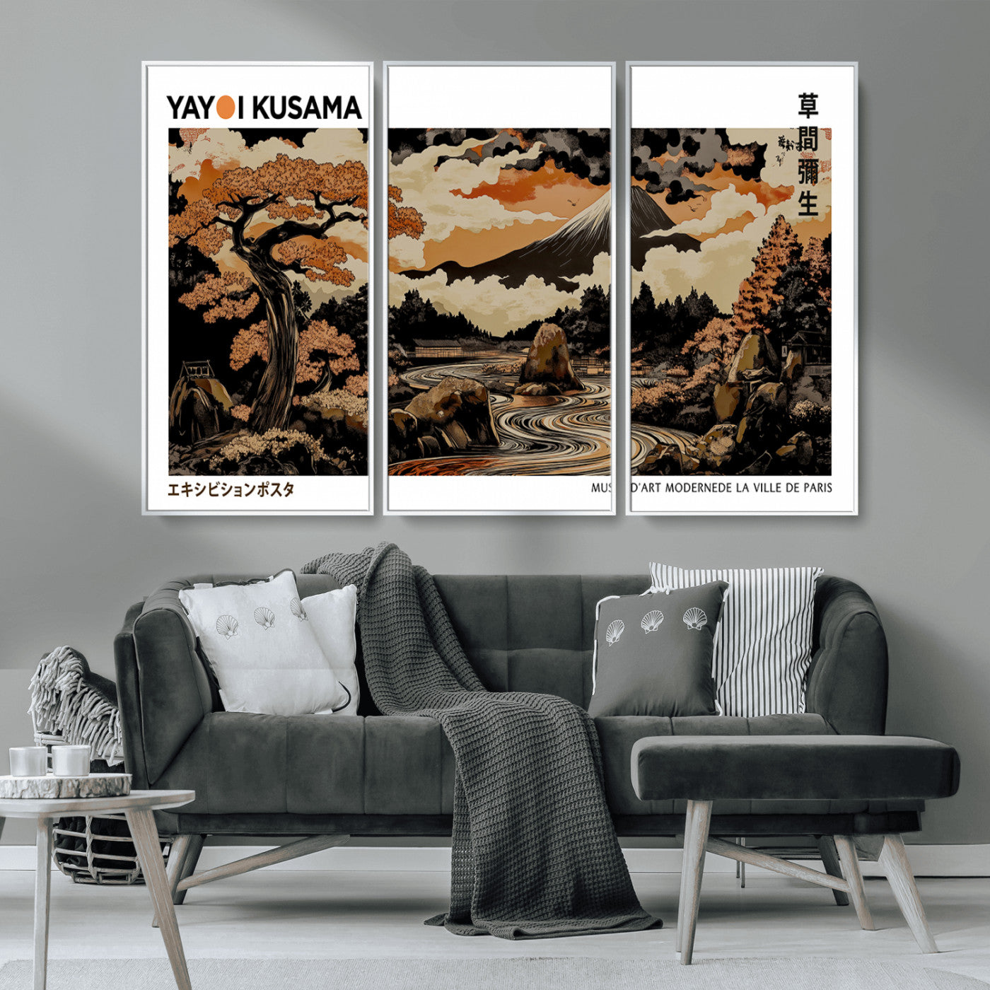 96372548-MGV-CV-36X24-Modern Japanese Wall Art Canvas Print – Framed Abstract Mount Fuji Scene with Yayoi Kusama Style Artwork for Home, Office