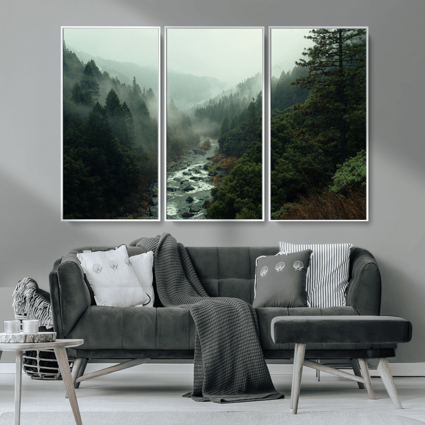 48497565-MGV-CV-36X24-Misty Forest Wall Art Canvas Print – Framed Foggy River Moody Landscape Wilderness Nature Scene Artwork for Home Office