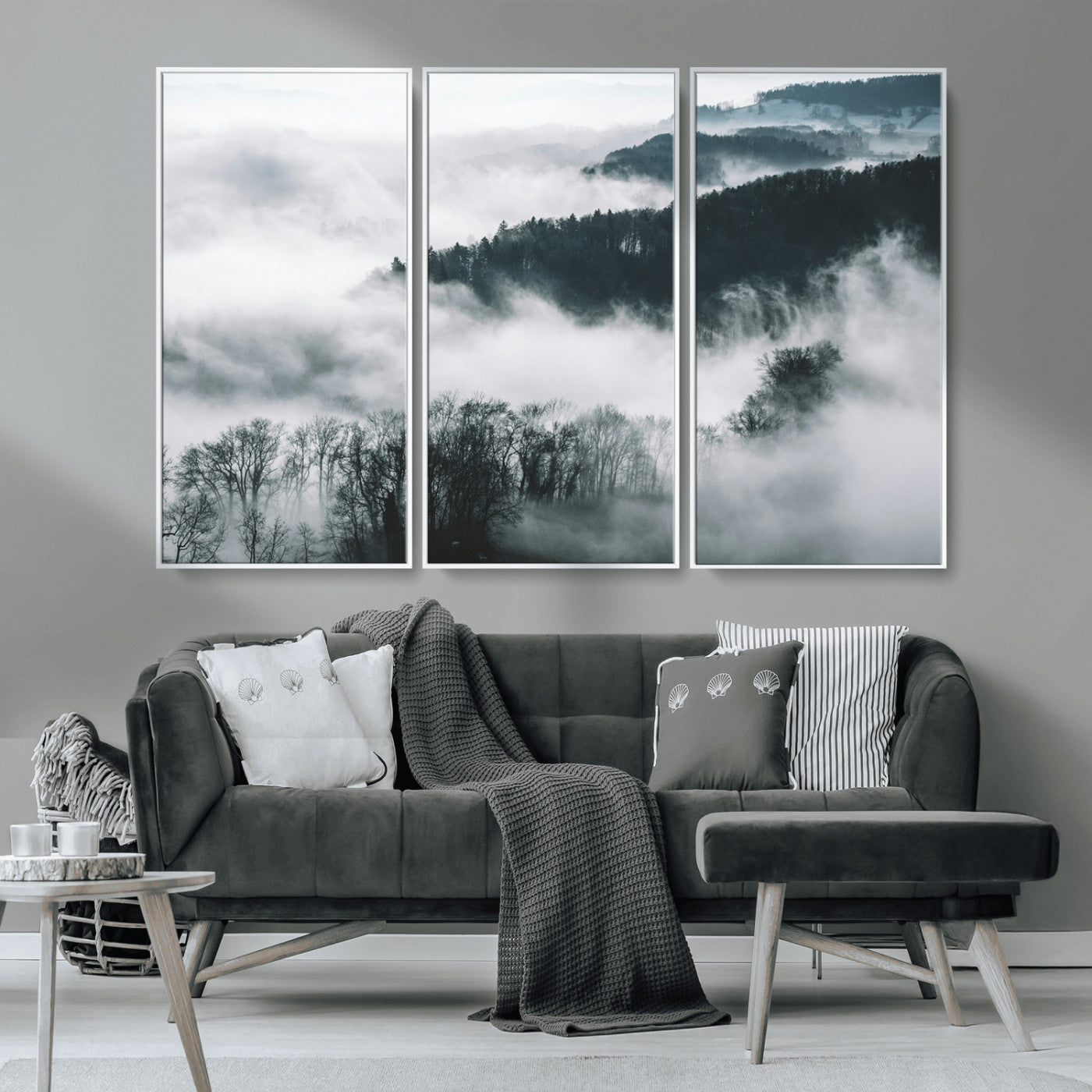 67569654-MGV-CV-36X24-Foggy Forest Landscape Wall Art Canvas Print – Misty Mountain Valley Scene Monochrome Tones Nature Artwork for Home Office